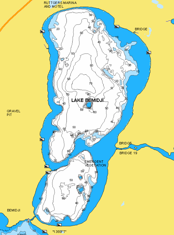 Lake map with depth contours of Lake Bemidji, MN.