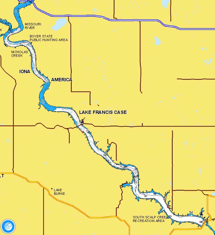 Lake map of Lake Francis Case, SD.