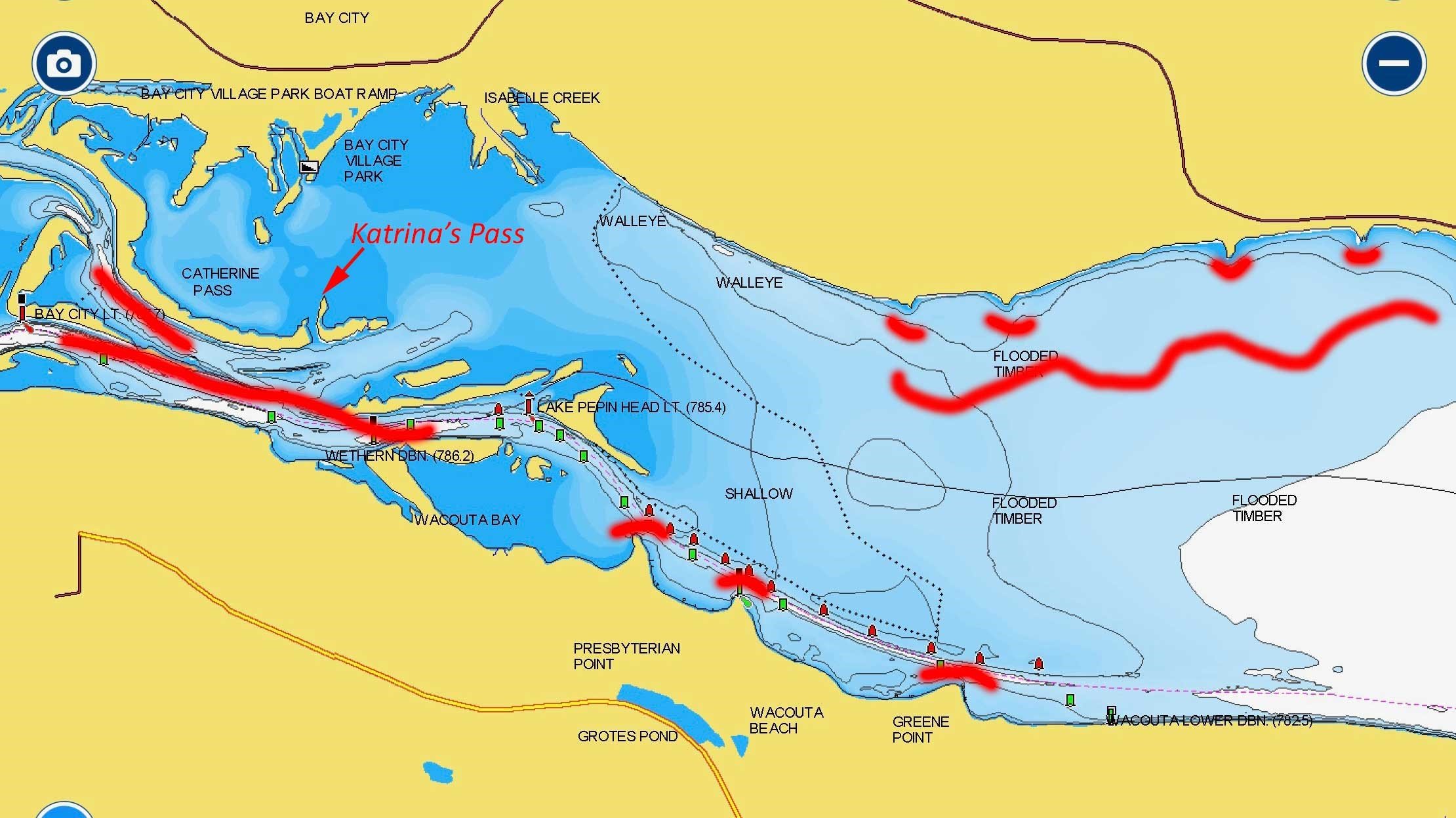Northern section of Lake Pepin, with fishing spots marked on lake map.