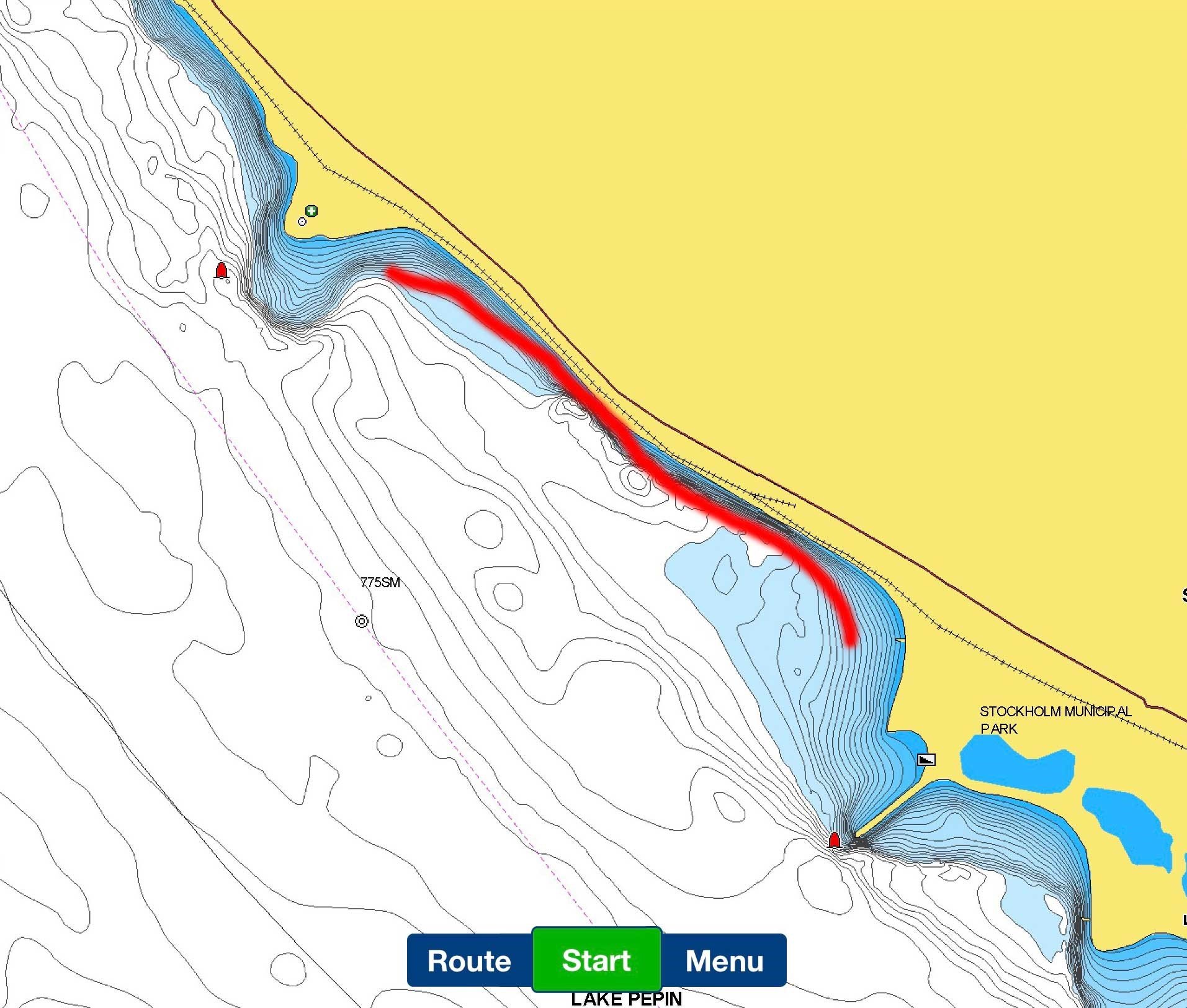 Shoreline section of Lake Pepin near Stockholm marked on a lake map.