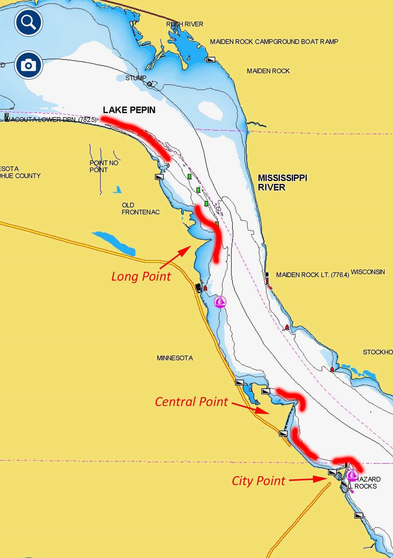 Maiden Rock area of Lake Pepin with fishing spots marked on a lake map.