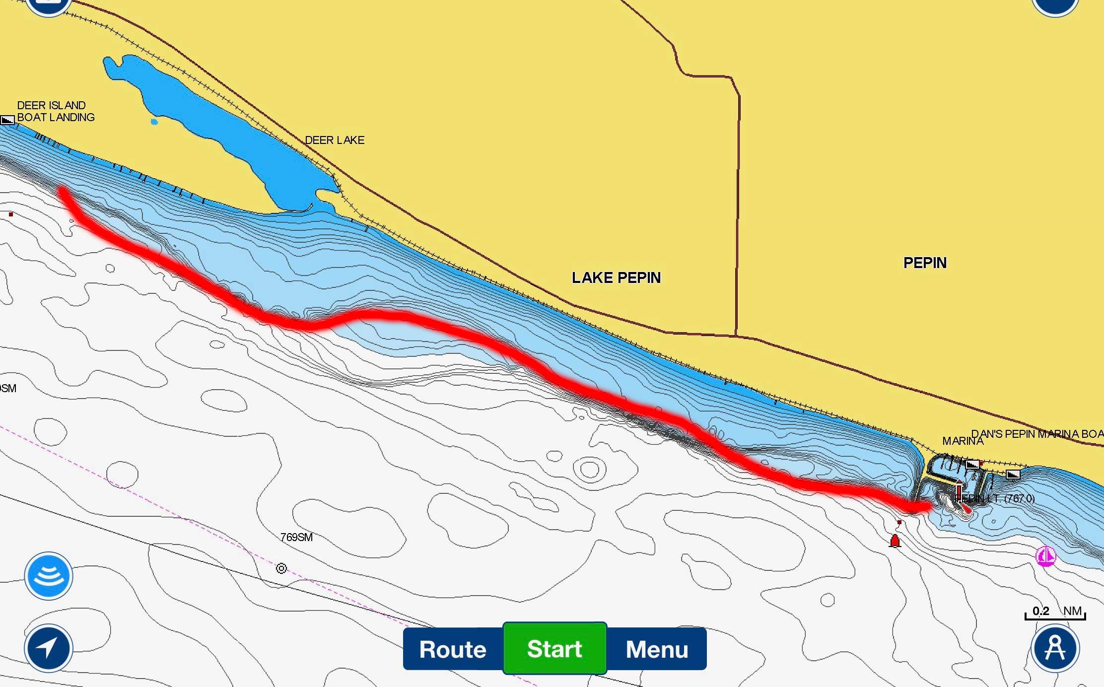 The Pepin, WI shoreline on a lake map marked.