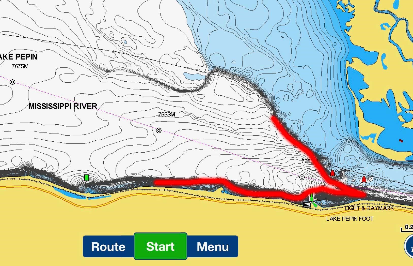 Southern section of Lake Pepin, shoreline marked on lake map for fishing.