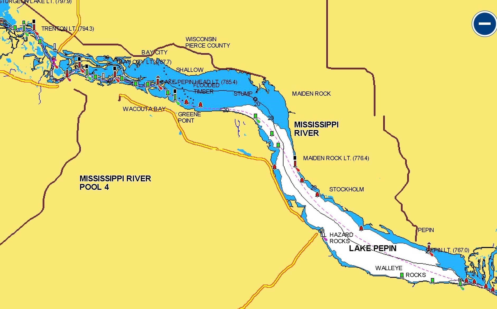 Lake Pepin on the Mississippi River, lake map.