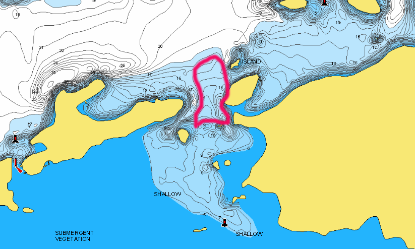 A key bottle neck area on Vermilion Lake marked for fishing.