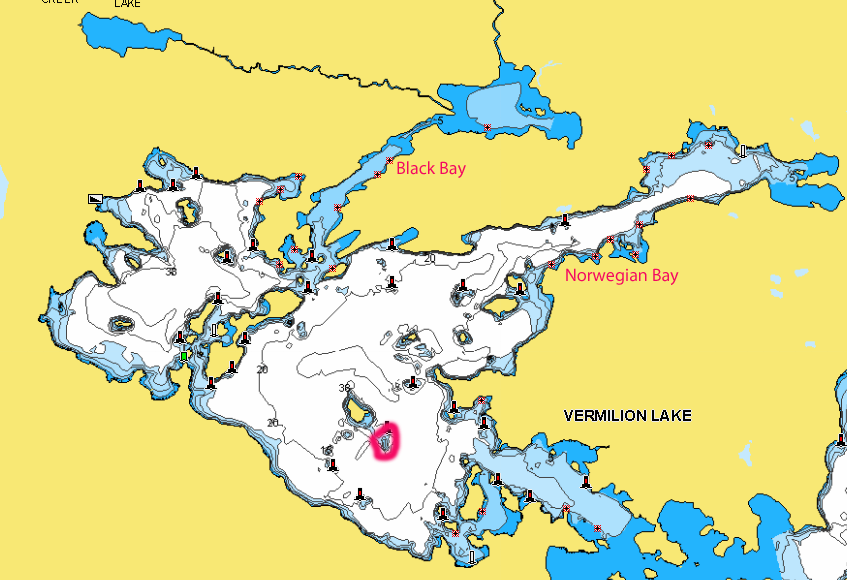 The Center Island area on Vermilion Lake, MN marked.