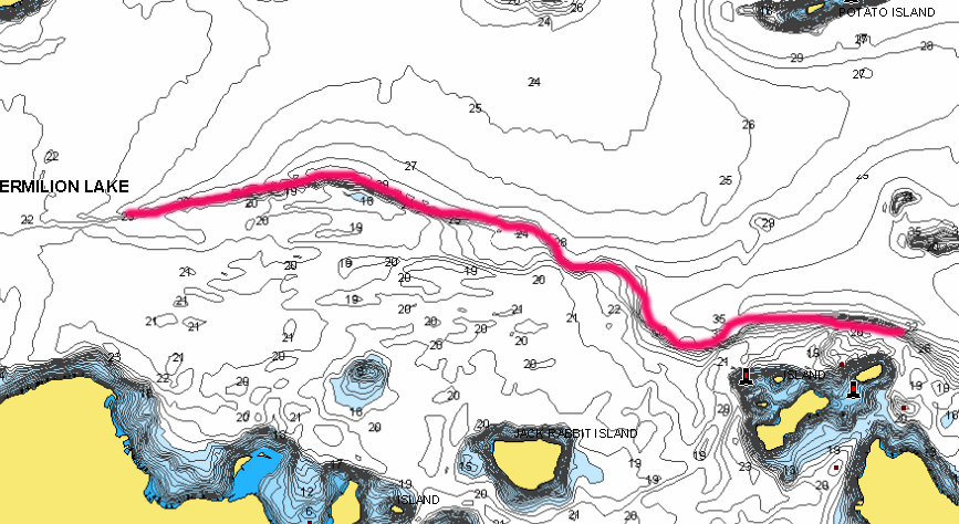 Main lake section of Vermilion Lake, MN marked for fishing spots.