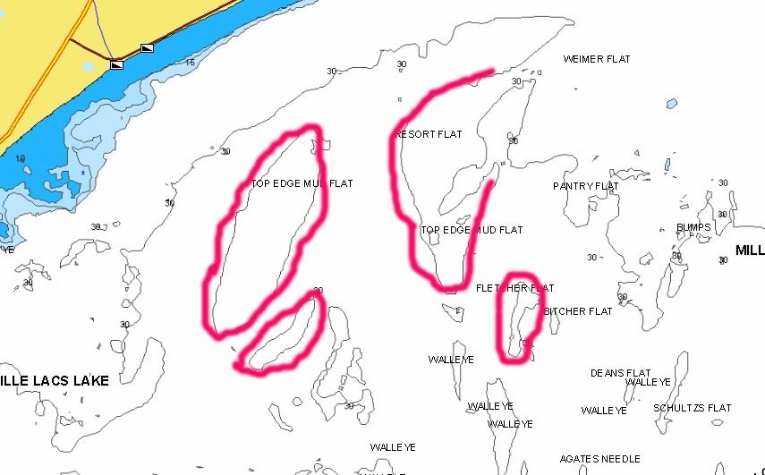 Main lake flats on Mille Lacs Lake circled for fishing spots.