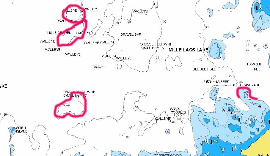 Gravel flats on Mille Lacs Lake marked.