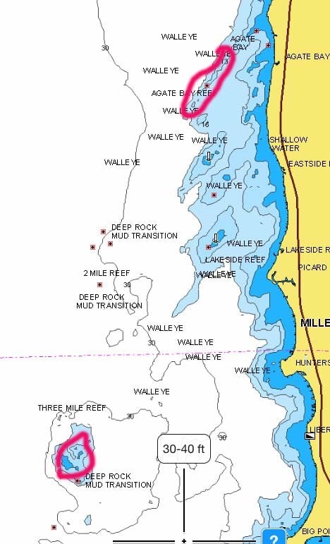 Agate Bay and Three-Mile Reef marked on Mille Lacs Lake, MN.