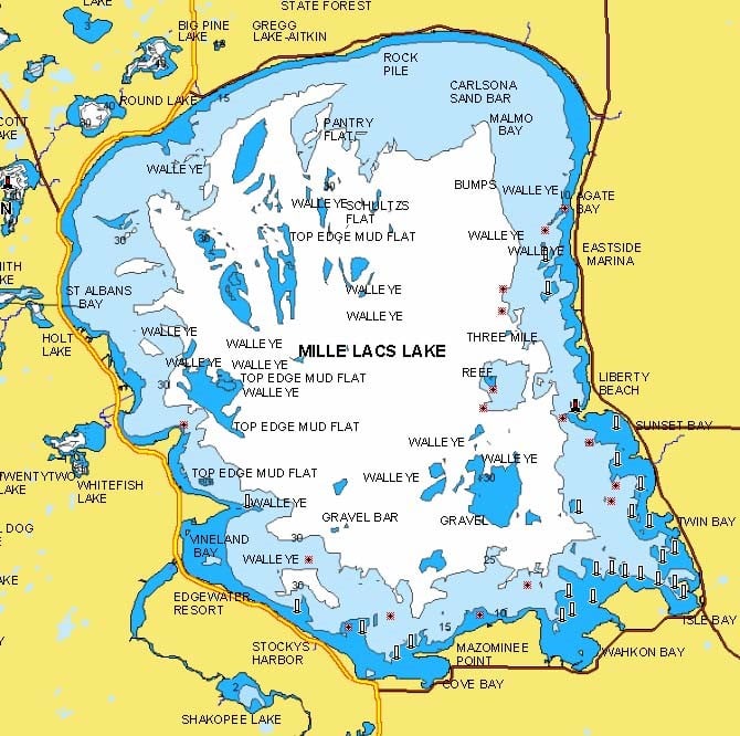 Mille Lacs Lake, MN lake map.