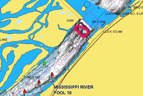 Mississippi River map below lock and dam 9.