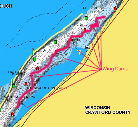 Mississippi River pool 10 wing dams marked.