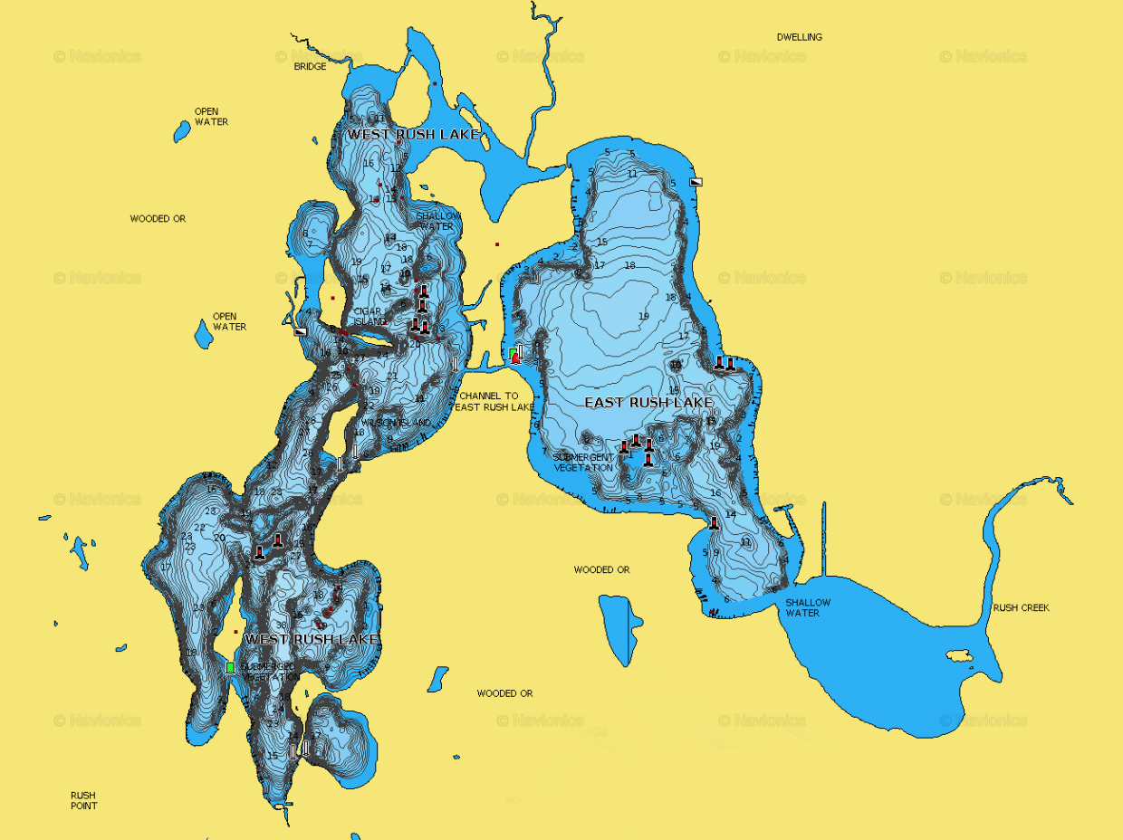 East and West Rush Lakes, Chisago County, Minnesota lake map.