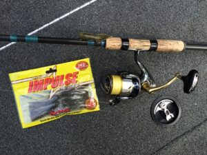 Fishing rod, reel and bait set up for fishing a soft plastic tube bait.