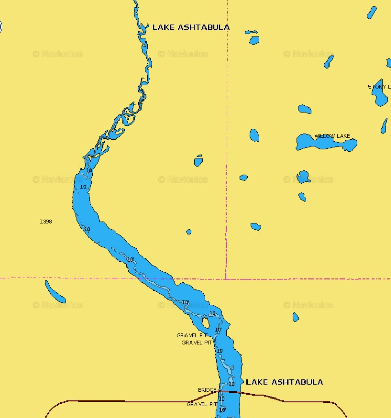 Lake Ashtabula, North Dakota lake map with depth markings.