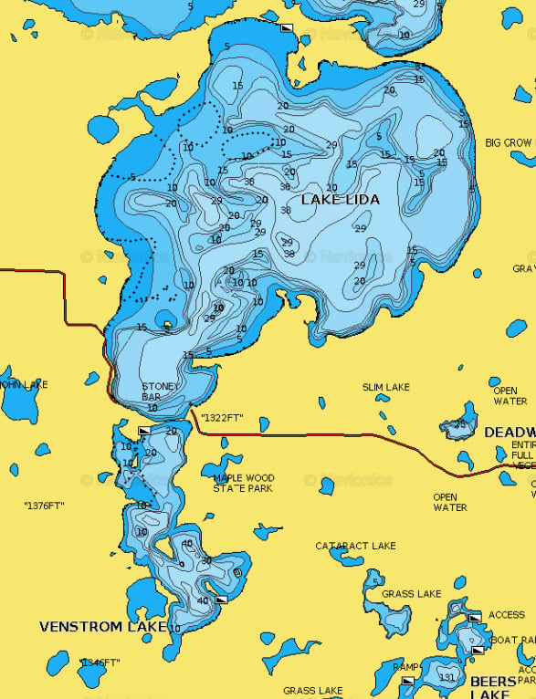 North and South Lida Lakes, Minnesota lake map.