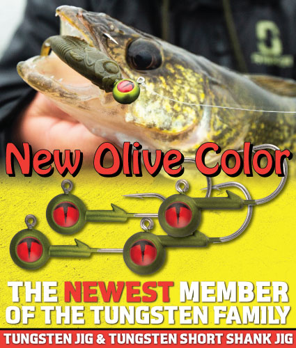 Northland Fishing Tackle Olive Tungsten Jig, and Short-Shank Tungsten Jig in Olive.