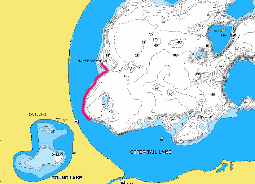 Horseshoe Bar area marked for fishing on Otter Tail Lake, MN.