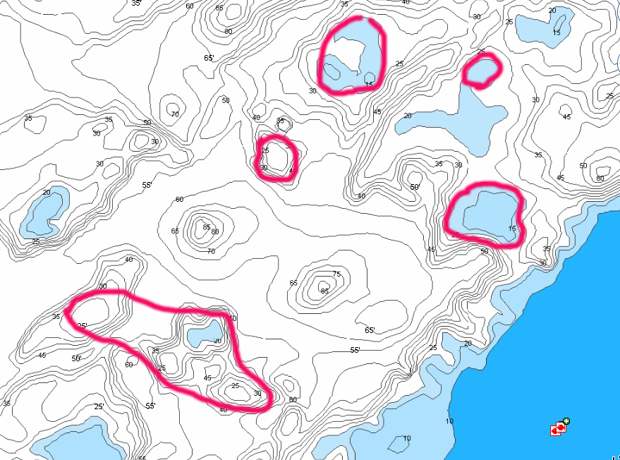 Main lake humps circled for fishing on Otter Tail Lake, MN.