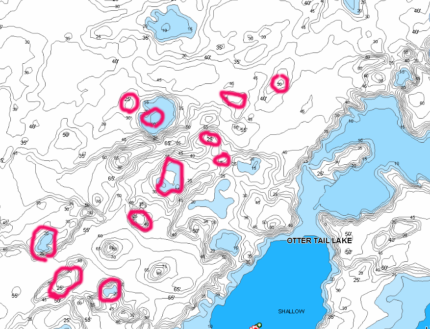Numerous main lake fishing spots circled on Otter Tail Lake, MN.