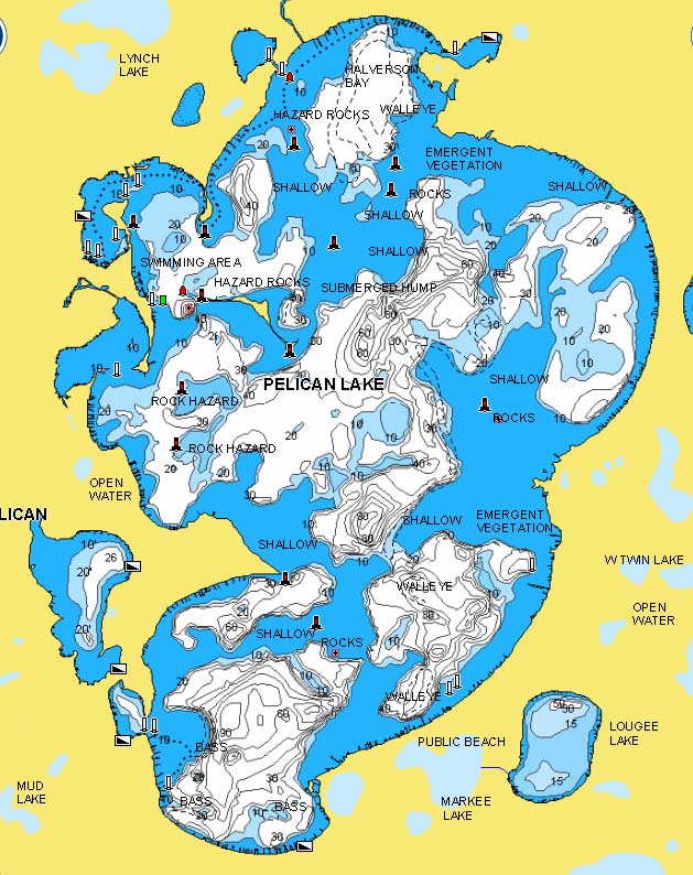 Pelican Lake, MN lake map with depth-contours marked.