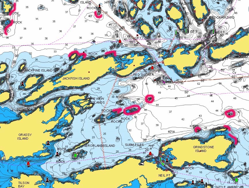 Jackfish Island area of Rainy Lake marked with fishing spots.