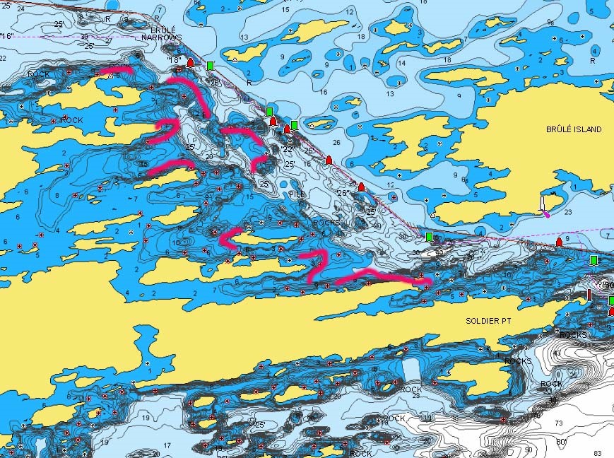 Brule Island area of Rainy Lake with fishing spots marked.