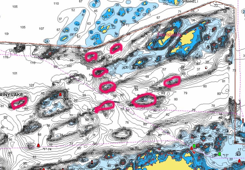Reefs around the Fox Island area on Rainy Lake marked with fishing hot spots.