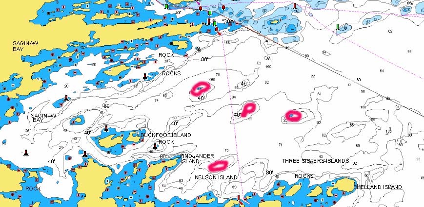 Duckfoot and Nelson Island areas of Rainy Lake marked with fishing spots.