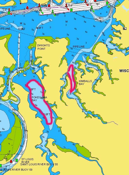 Pokegama and Kimball's Bay in the St. Louis River, MN with fishing spots marked.