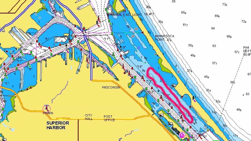 St. Louis River - Lake Superior section of map marked for fishing.