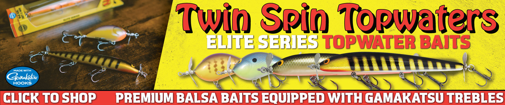 Fishing Tackle Elite Series Twin Spin topwater bass fishing baits, Bang-O-Lure Twin Spin, and Pro Sunny B Twin Spin.