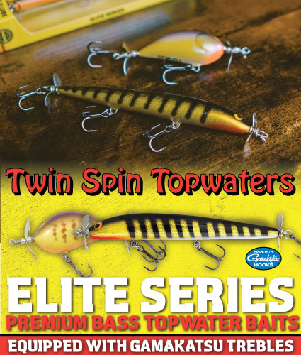New Northland Fishing Tackle Elite Series Twin Spin topwater bass fishing baits, Bang-O-Lure Twin Spin, and Pro Sunny B Twin Spin.