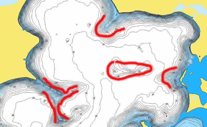 Waubay Lake, SD with fishing hot spots marked.