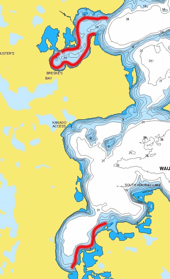 Breske's Bay in Waubay Lake, SD with fishing spots marked.