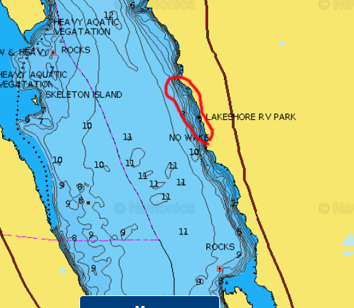 Shoreline contour circled on Big Stone Lake, lake map for fishing.