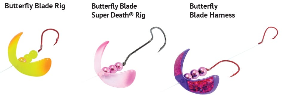 Different variations of the Northland Fishing Tackle Butterfly Blade rigs.