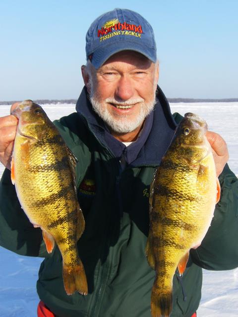 Gary Roach with two ice fishing perch