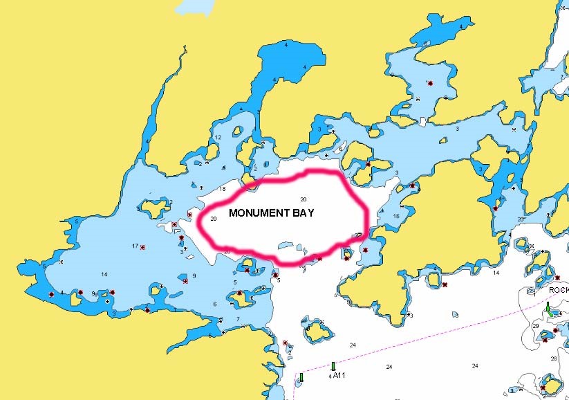 Monument Bay circled on the Lake of the Woods lake map.