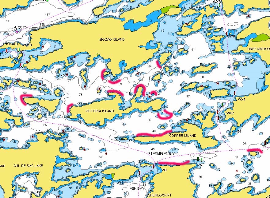 The Zig Zag Island area of Lake of the Woods with fishing spots marked.