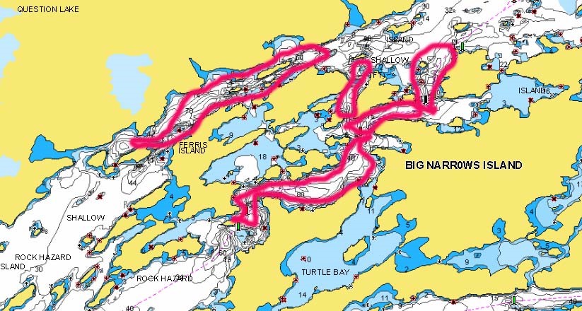 Big Narrows and Ferris Island areas of Lake of the Woods marked on the lake map.