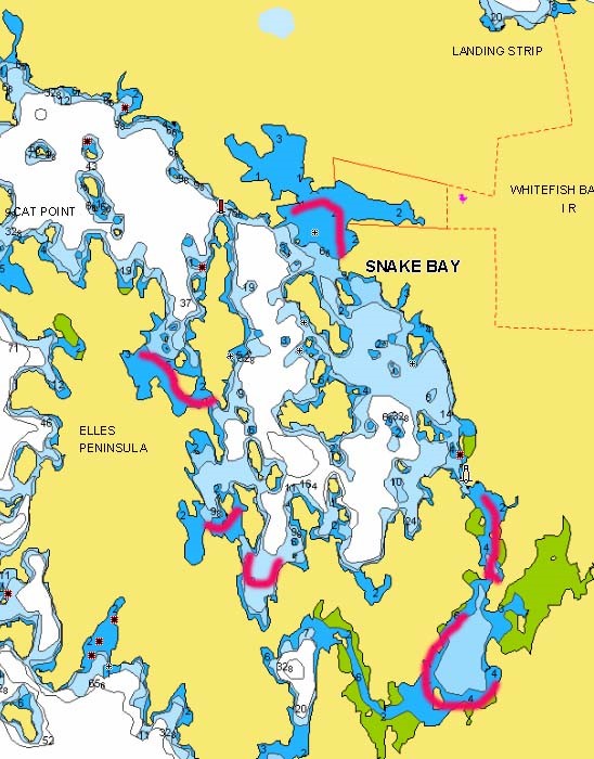 Snake Bay area of Lake of the Woods marked with fishing spots.