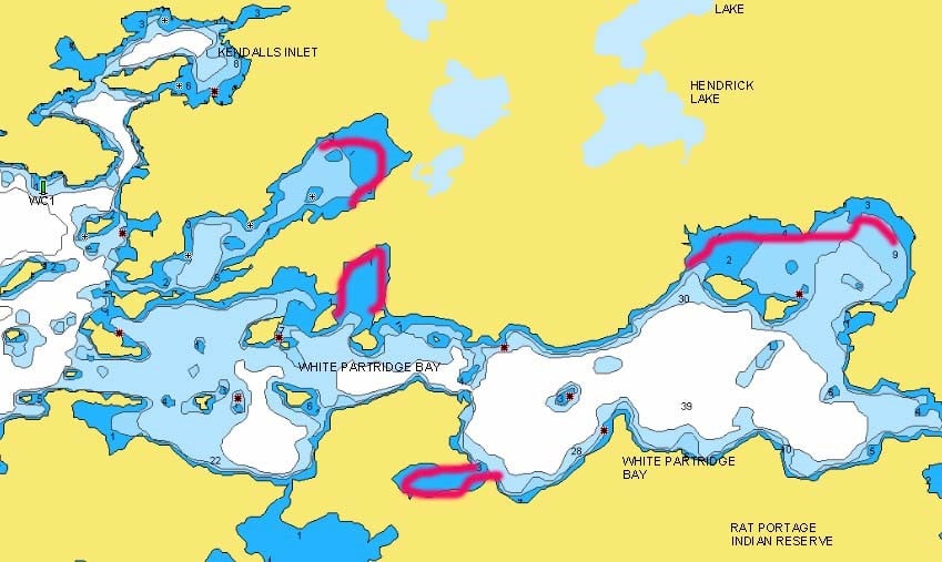 White Partridge Bay on Lake of the Woods is circled on this lake map.