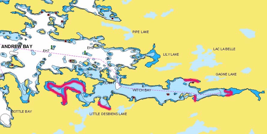 Witch Bay of Lake of the Woods highlighted on the lake map.