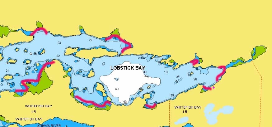 Lobstick Bay on Lake of the Woods lake map.