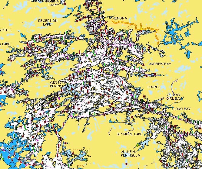 Lake of The Woods, Kenora, Ontario lake map.