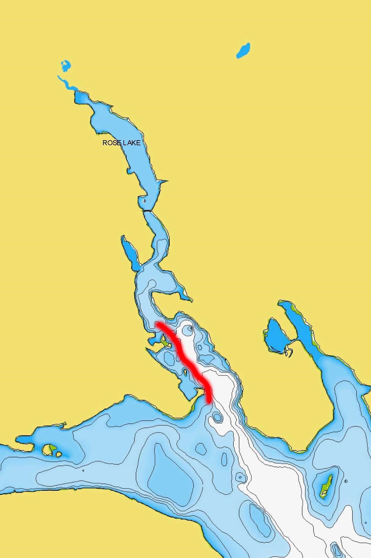 Section of Stump Lake, that heads in to Rose Lake marked on a lake map.