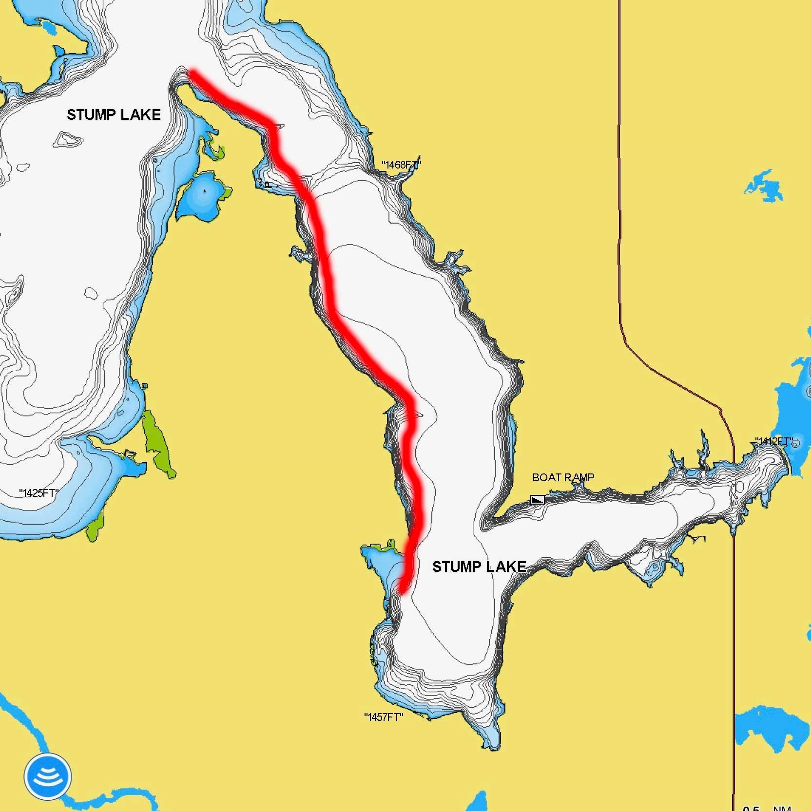 Shoreline section of Stump Lake, ND marked on a lake map.